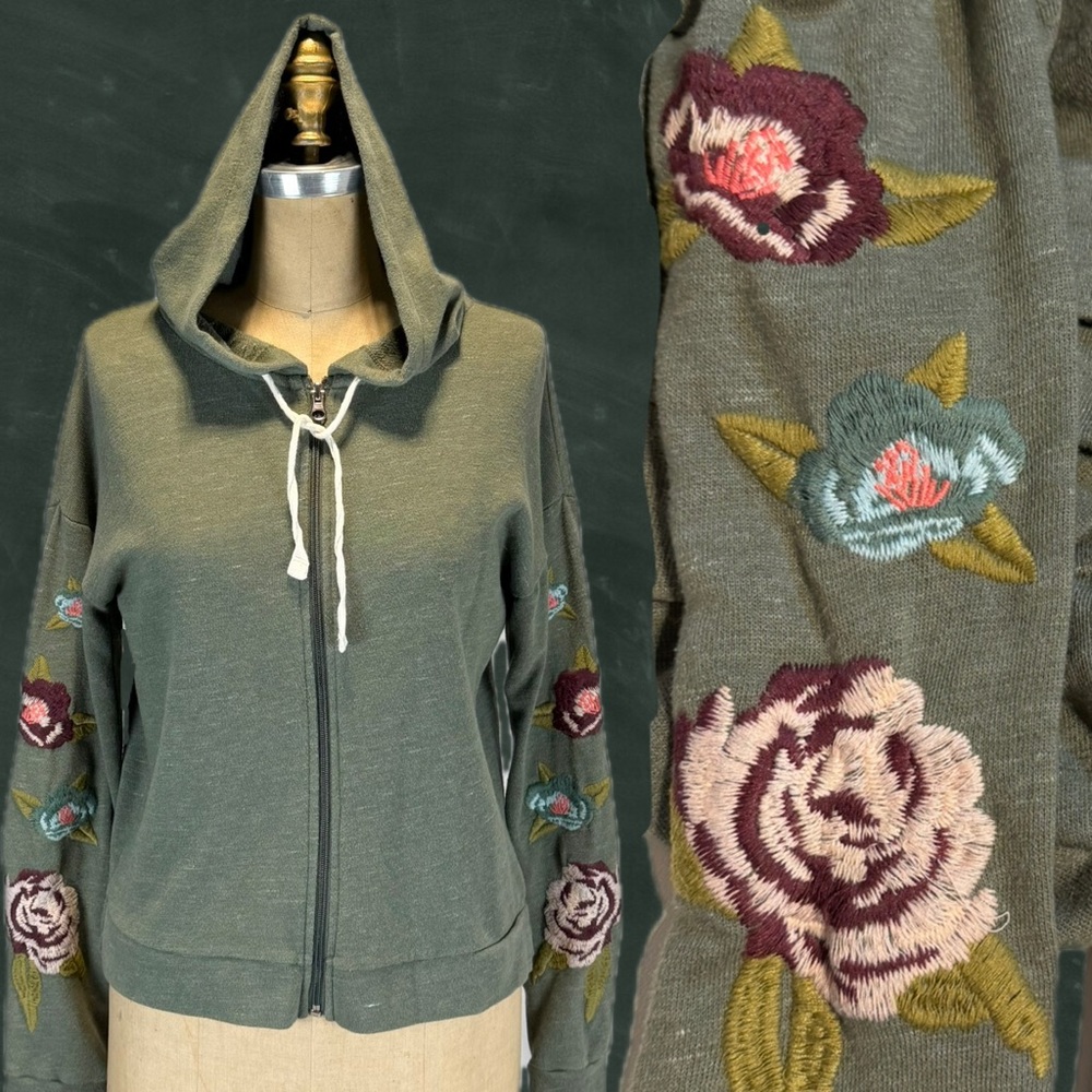 Y2K Mudd embroidered tattoo floral sleeve cotton hoodie zip up jacket boho woods